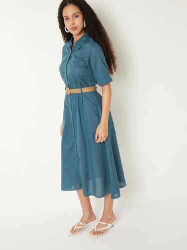 Max Kalki x Max Women Solid Shirt Midi Dress with Belt (Teal_L)