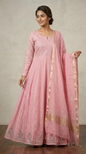 Gown in Mal Chanderi, Sage Green, Full Mukesh Embroidery Work, Sizes 36 to 50, Length 50 (in, Alpha, 4XL, Regular, Pink)