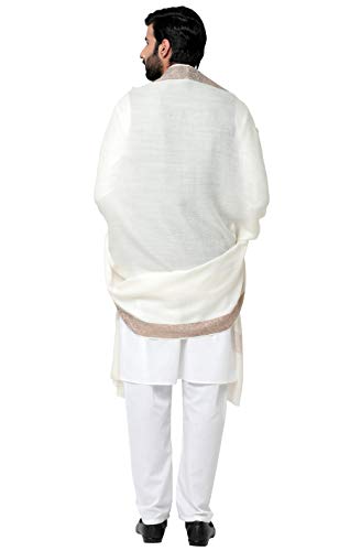 Weavers Villa Men's Woven Border Pure Wool White Lohi/Woollen Shawl, 125cm x 250cm