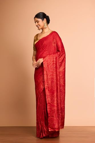 Taneira Women Red Batik Pure Tussar Silk Bengal Saree with Unstitched Blouse Piece (SAIH01AC2160-Red)