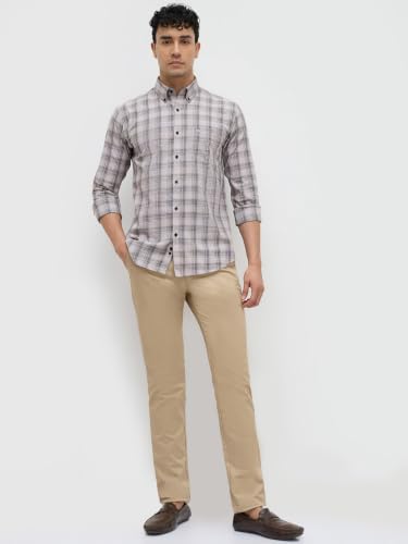 Park Avenue Men Slim Fit Checks Pattern Pure Cotton Button Down Collar Full Sleeve Casual Shirt Grey