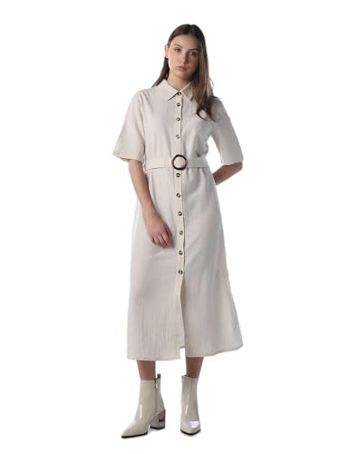 ONLY Women's Solid Fit and Flare White Dress with Belt