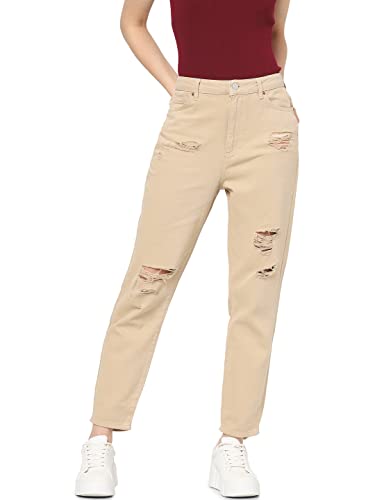 Only Women's High Rise Distressed Mom Jeans | Boyfriend Jeans for Women Brown