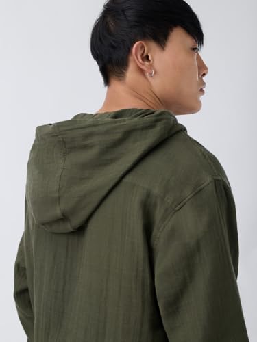 The Souled Store Cotton Gauze Hoodie: Storm Men and Boys Full Sleeves Hooded Neck Olive Green Solid Textured Cotton Oversized Fit Double Cloth Everyday All-Season Hoodie