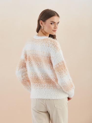 Latin Quarters Women's White Full Sleeves Round Neck Knitted Casual Regular Sweater_M