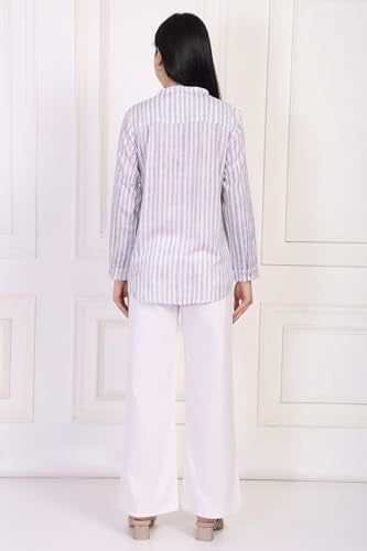 W for Woman White Striped Printed Thread Embroidered Straight Top - (WST31377-116511-XS)