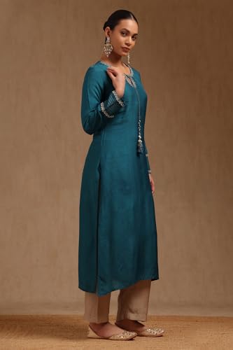 Soch Womens Teal Blue Dola Silk Solid Kurta