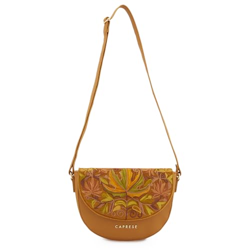 Caprese Siji Tresna Medium Crossbody Bag for Women with Adjustable Strap & Zip Closure | Kashida Velvet Embroidery Sling Bag | Stylish & Lightweight Bag for Daily Use, Travel & Casual Outings (Brown)