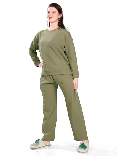 Slumberbe Women's Winter Night Suit Set | Stylish Cotton Full Sleeves Coords Set | Olive Green