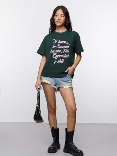 The Souled Store Success Women and Girls Short Sleeves Round Neck Dark Green Graphic Printed Cotton Oversized Fit Breathable Everyday Streetwear T-Shirts