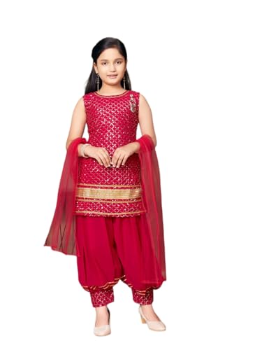 Aarika Girls Ethnic Wear Rani Colour Sequin Embroidery Lace Work Georgette Kurti Patiala Set (10-15 Years)