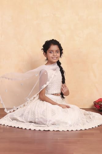 Biba Girls White Viscose Embroidered Kalidar Lehenga Set_6-7Y
