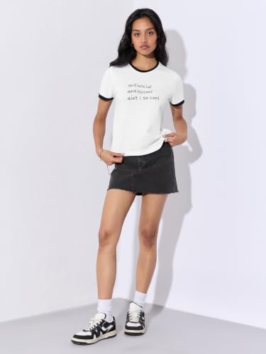 The Souled Store Antisocial Women and Girls Short Sleeves Round Neck White Graphic Printed Cotton Regular Fit Breathable Lightweight Everyday T-Shirts