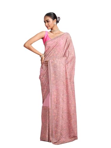 MOHEY Women's Organza Stone Work, Thread Work Saree with Blouse Piece(Pink)