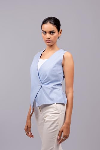 ZLAATA Blue Striped Formal Waistcoat Top for Women | Rayon Fabric | V Neck Style | Regular Fit with Straight Hemline | Sleeveless Tops for Women Stylish | Pack of 1 (Blue, S)