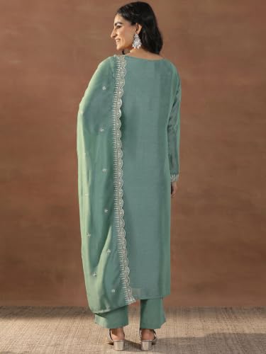 Women's Sea Green Silk Blend Straight Kurta Set With Dupatta And Pant