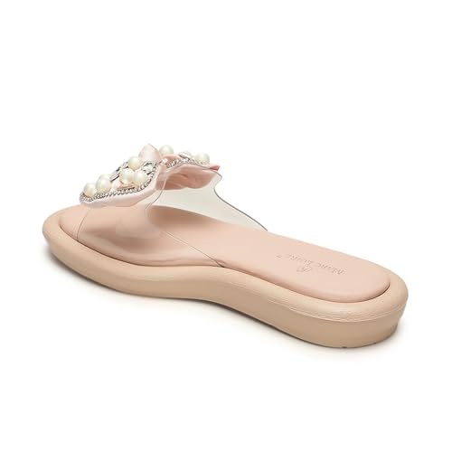 Marc Loire Women Smart Casual Bow Embellished Slip-On Flats Chappals | Open Toe Cute Fashion Sandals with Comfortable Sole (Nude, UK Footwear Size System, Adult, Women, Numeric, Medium, 7)