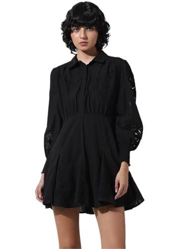 ONLY Women Self Design Black Cotton Mini Length Fit and Flare Dress