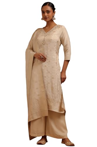 Soch Womens Off White Tissue Zari Woven Suit Set With Sequins