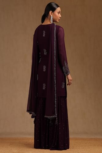 Soch Womens Wine Georgette Suit Set With Mukaish Work