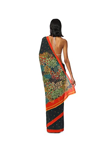 Satya Paul Crepe Green Teal Printed Silk Sari