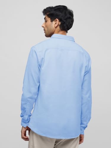 The Souled Store Cotton Linen: Cerulean Sky Men and Boys Long Sleeves Collared Neck Button Front Solid Regular Fit Cotton Linen Shirts
