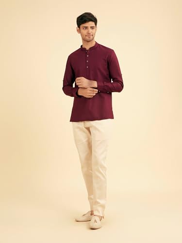 Manyavar Men's Cotton Solid Casual Short Kurta (Wine,XXL)