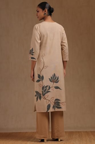 Soch Womens Beige Cotton Flex Floral Print Kurta with Mirror Work