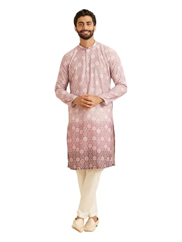 Manyavar Men's Cotton Blend Circular Bandhani Prints Kurta Pyjama Set (Pink,XXXL)