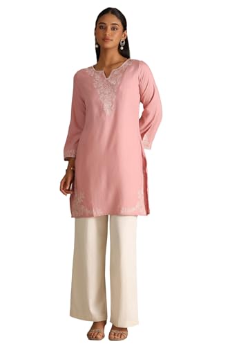 Soch Women's Rayon Embroidered Regular Kurta (CWA5KU61438_Peach_L)
