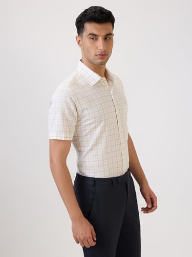 Raymond Men Regular Fit Checks Pattern Linen Blend Semicutaway Collar Half Sleeve Formal Shirt (Size: 42)-RMSY13522-F2 Yellow