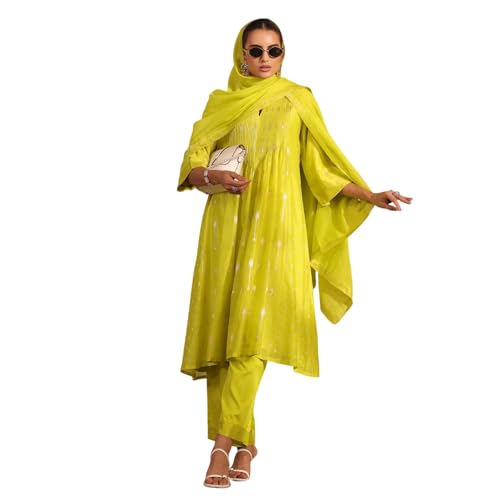 Biba Women's Silk Kurta Set (SKDTMETWEV30287AW25LIM_Lime Green