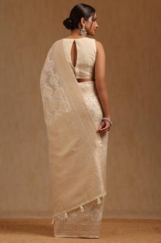 Soch Womens Cream Linen Woven Design Saree With Zari Woven