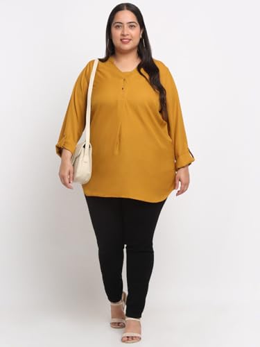 Women Plus Size Mandarin Collar Longline Top (LTP16740-MUSTARD-5XL)
