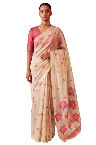 Label Aarna Women's Pink Cotton Saree with Unstitched Blouse Piece | Woven | Floral Design | Functions and Pooja Wear