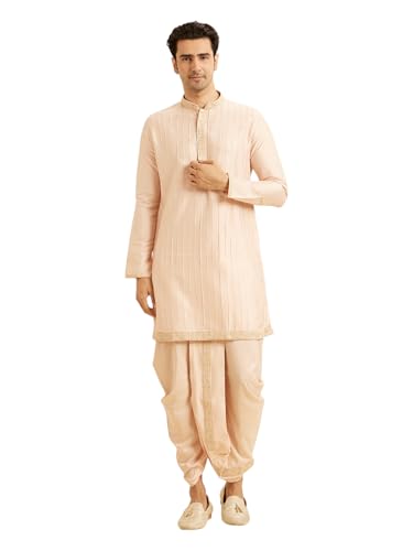 Manyavar Men's Viscose Blend Self Design Kurta Dhoti Set (Peach,XXXL)