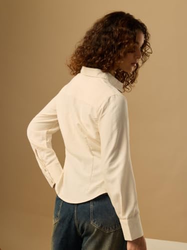 The Souled Store I'm Fab Women and Girls Full Length Collared Cream Embroidered Polyester Slim Fit Wrinkle Resistant Lightweight Everyday Shirt for Casual Street Wear