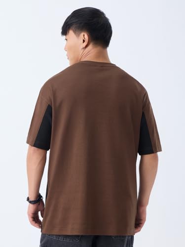 The Souled Store Brown Armour Men and Boys Short Sleeve Round Neck Brown Colourblock Casual Lightweight Drop Shoulder Streetwear Trendy Oversized T-Shirts