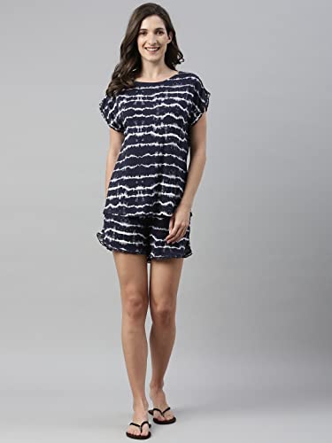 Enamor EC14 Tie & Dye Printed Home Tee and Shorts Set for Women with Ruffled Trim