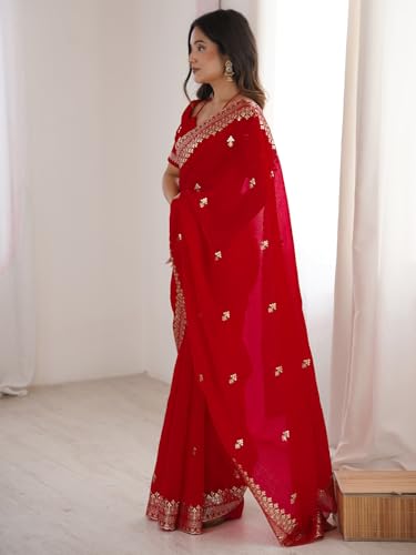 AKHILAM Women's Red Satin Silk Embellished Saree With Unstitched Blouse Piece (KRIYNS5305_KH)