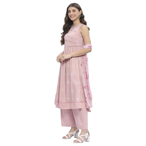 Rangriti Women's Viscose Rayon Kurta Set (ECSFLO22006SS25PNK_Pink