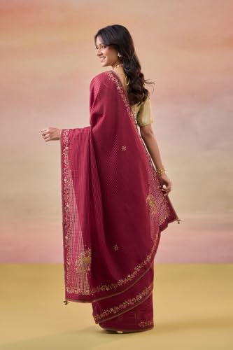 Taneira Dark Red Pure Silk Cotton Embroidered SareeWith Unstitched Blouse(SACP14AD5826-Dark Red)