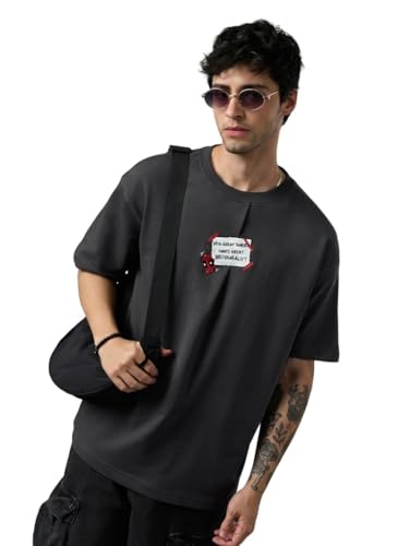 The Souled Store Deadpool: The Degenerate Men and Boys Short Sleeves Round Neck Grey Embellished Casual Lightweight Drop Shoulder Streetwear Trendy Oversized T-Shirt