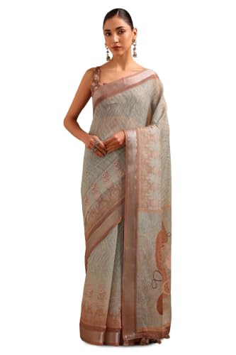 Soch Womens Olive Linen Digital Printed Botanical Machine Embroidered Saree