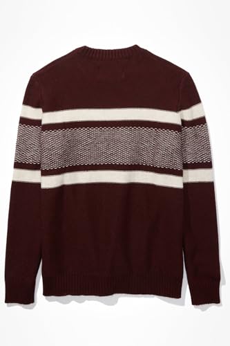 American Eagle Men Burgundy Super Soft Striped Crew Neck Sweater