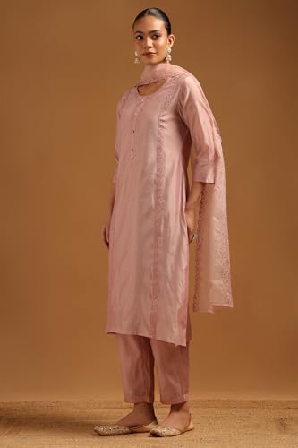 Soch Womens Blush Pink Chanderi Embroidered Suit Set With Machine Embroidery