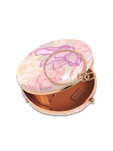 THE TAN CLAN Pink Floral Embroidered Clutch Purse For Women Stylish Bridal Handbag Round Designer Clutch Bag For Women Wedding Ethnic Fancy Purse With Chain And Metal Handle Luxury