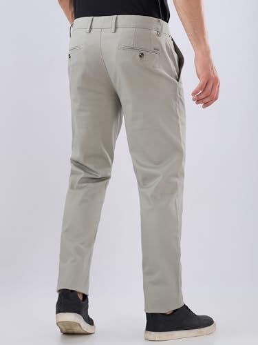 Raymond Men Slim Fit Structure Pattern Cotton Blend Flat Front Casual Trouser Green
