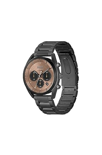 BOSS Top Qtz Fashion Chrono Brown Round Dial Men's Watch|Ionic Plated Black Steel Material|Black Color Band - 1514095