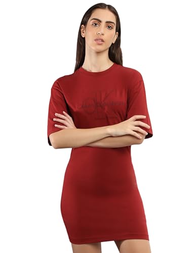 Calvin Klein Red Cotton Printed Round Neck Short Sleeves Regular Fit Women Dress